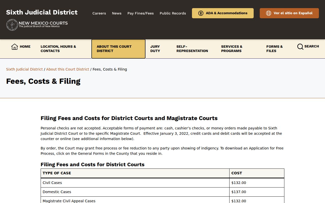 Luna County civil docket District and Magistrate fee schedule