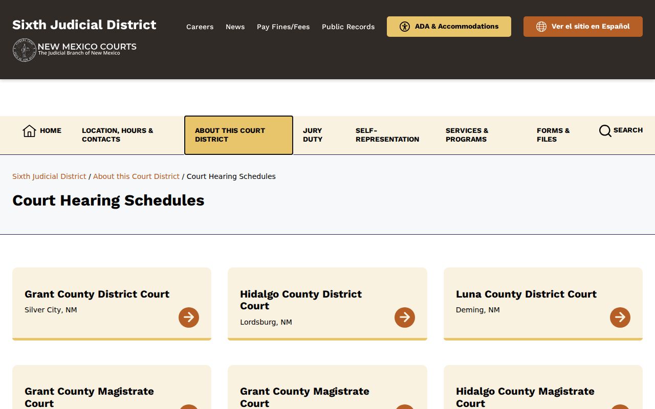 Luna County court calendar hearing schedule links from the Sixth Judicial District