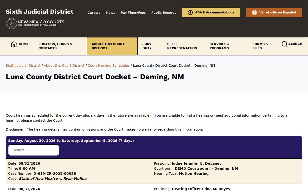 Luna County District Court calendar date range and hearing schedule