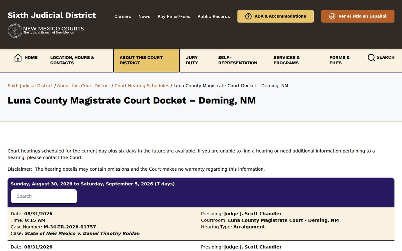 Luna County Magistrate Court calendar frame for court dates