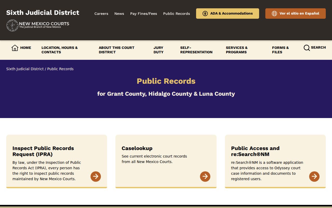 Luna County court record access links on the Sixth Judicial District public-records page