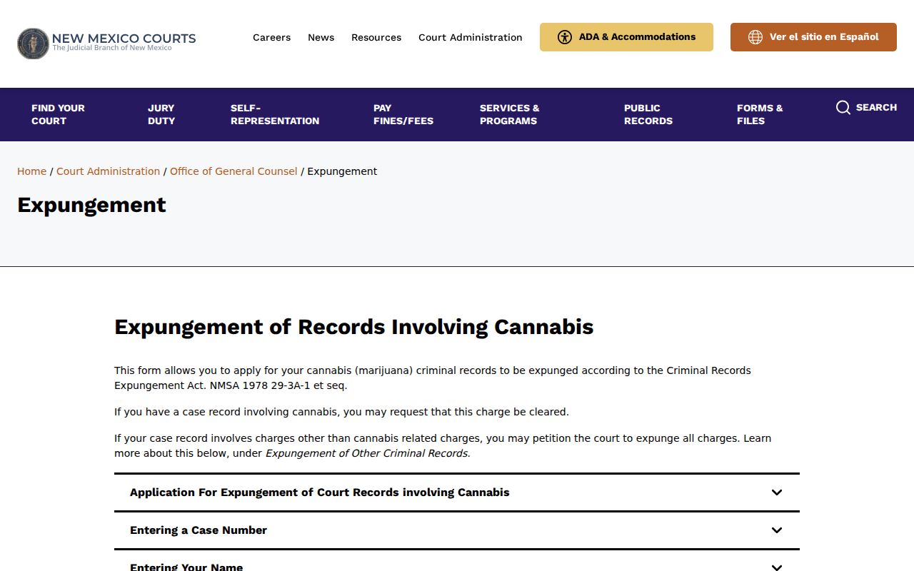 Luna County court record expungement webform on the New Mexico Courts site